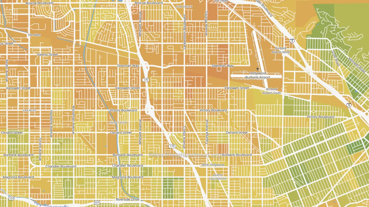 Map of the best neighborhoods in the North Hollywood area, with better matches in green and worse matches in red