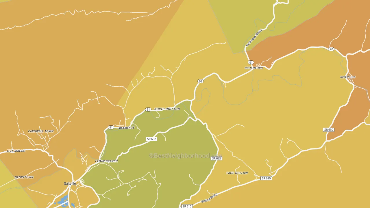 Map of the best neighborhoods in the North Holston area, with better matches in green and worse matches in red
