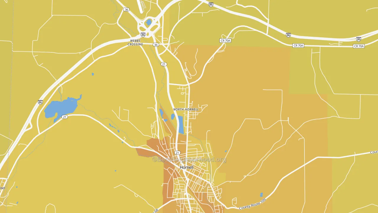 Map of the best neighborhoods in the North Hornell area, with better matches in green and worse matches in red