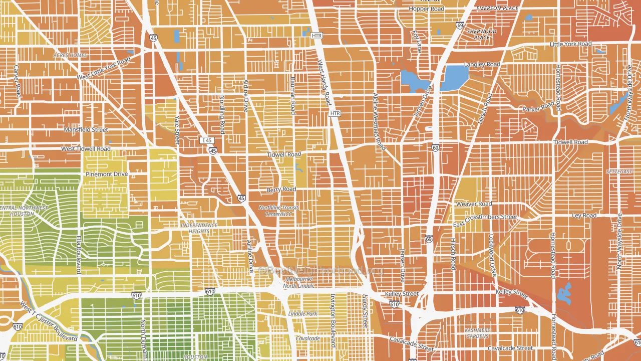 Map of the best neighborhoods in the North, Houston area, with better matches in green and worse matches in red