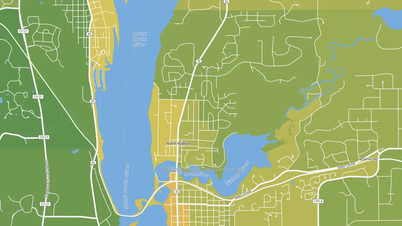 Map of the best neighborhoods in the North Hudson area, with better matches in green and worse matches in red