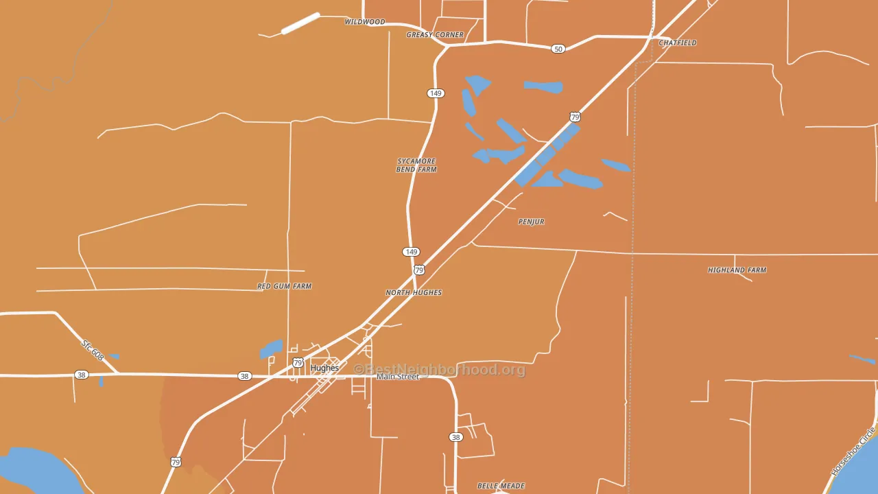 Map of the best neighborhoods in the North Hughes area, with better matches in green and worse matches in red