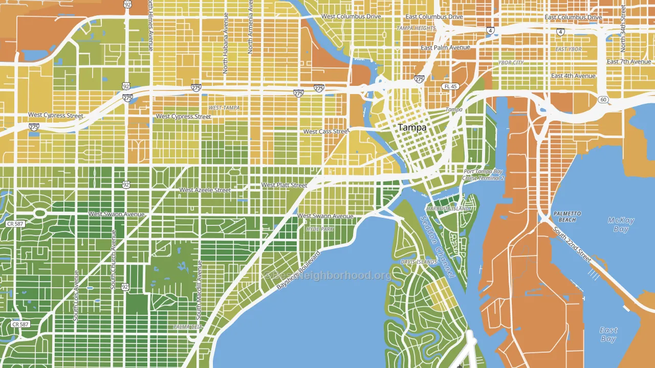 Map of the best neighborhoods in the North Hyde Park, Tampa area, with better matches in green and worse matches in red
