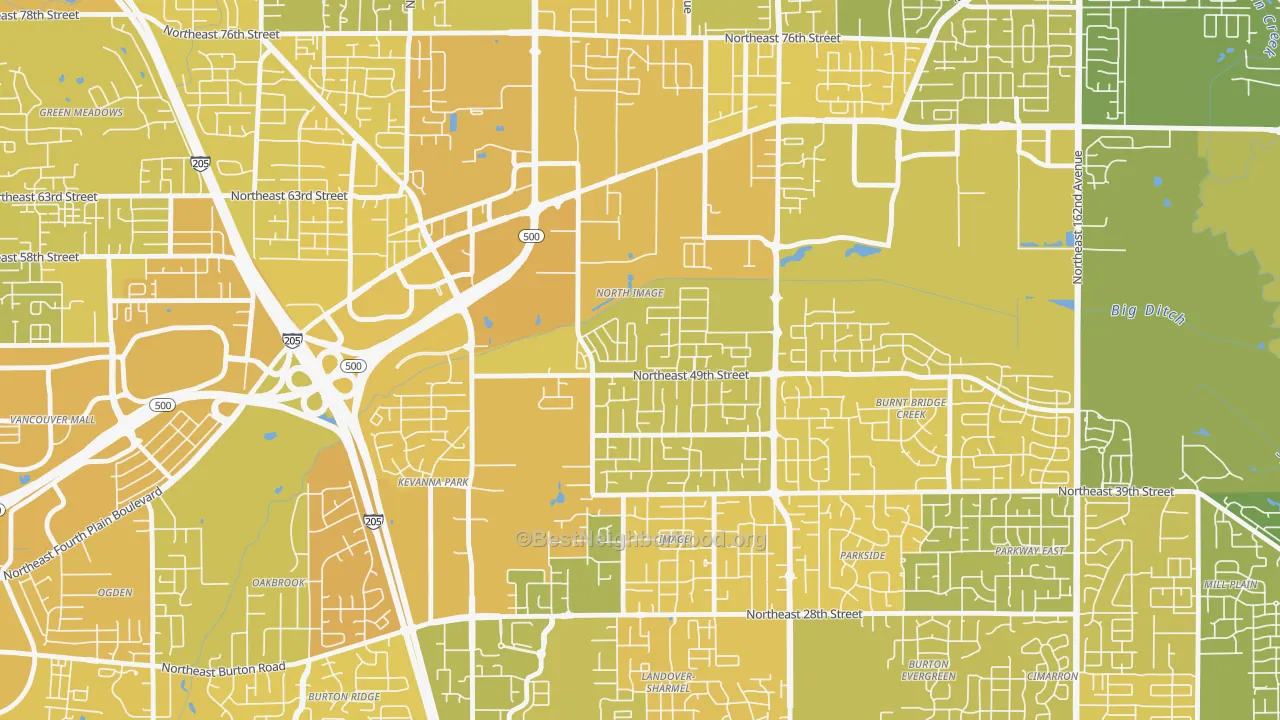 Map of the best neighborhoods in the North Image, Vancouver area, with better matches in green and worse matches in red