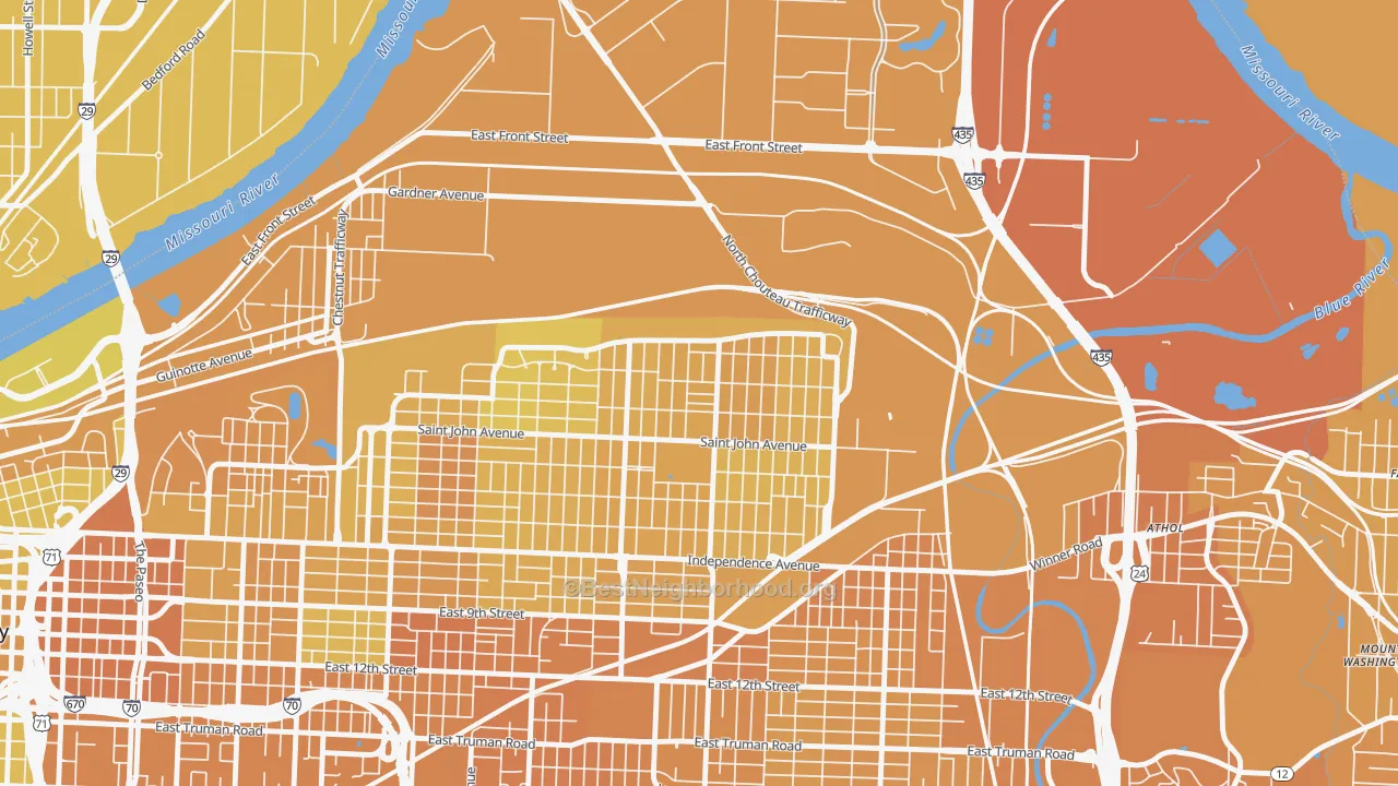 Map of the best neighborhoods in the North India Mound, Kansas City area, with better matches in green and worse matches in red