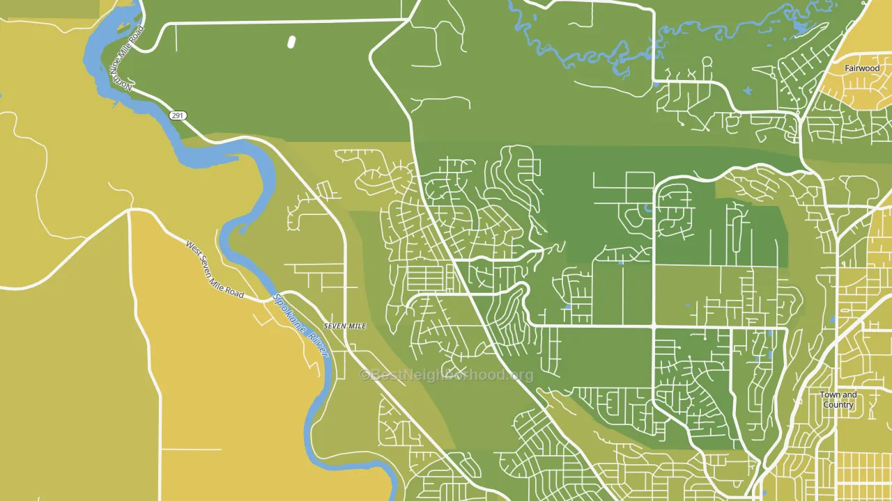 Map of the best neighborhoods in the North Indian Trail, Spokane area, with better matches in green and worse matches in red