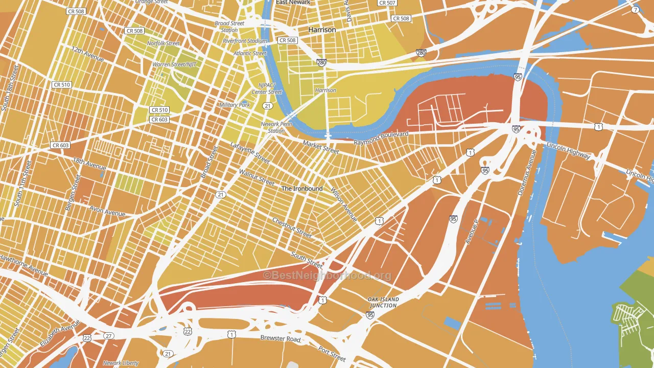 Map of the best neighborhoods in the North Ironbound, Newark area, with better matches in green and worse matches in red