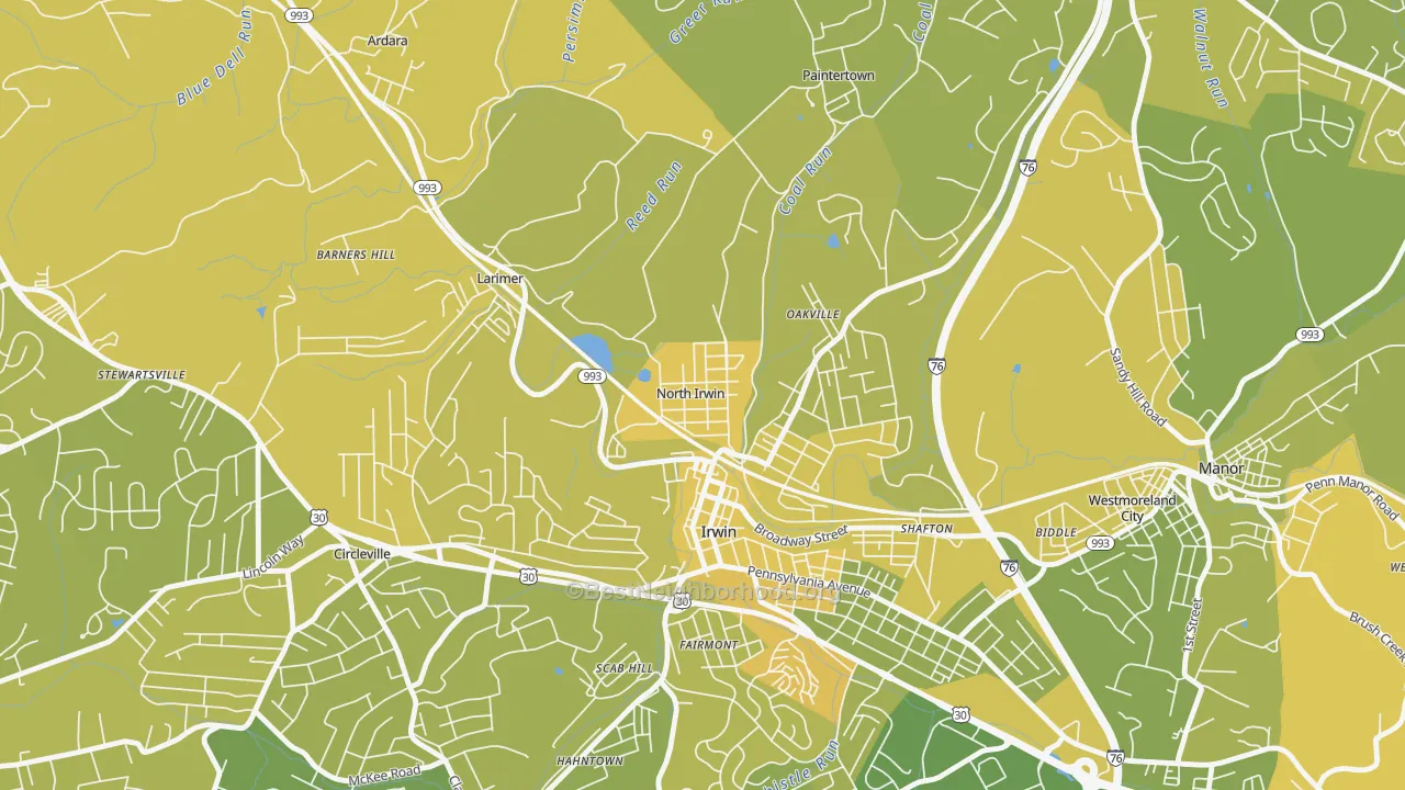 Map of the best neighborhoods in the North Irwin area, with better matches in green and worse matches in red
