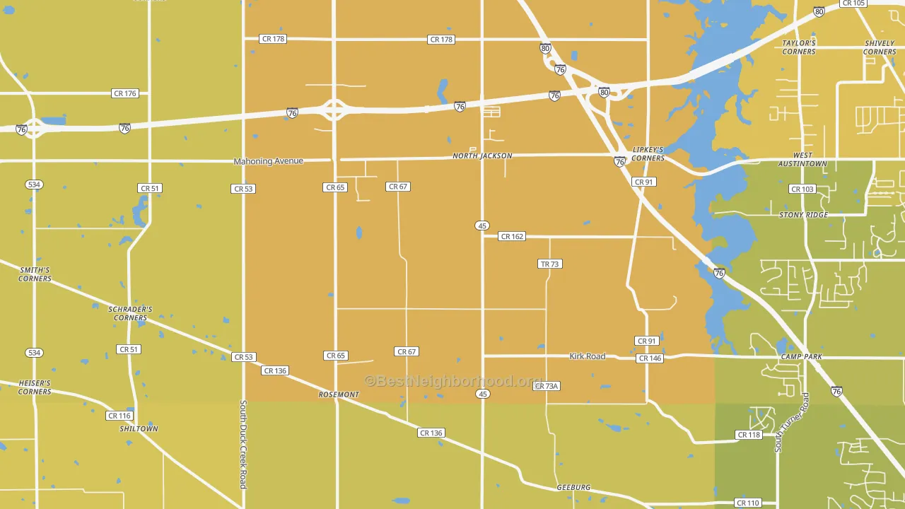 Map of the best neighborhoods in the North Jackson area, with better matches in green and worse matches in red
