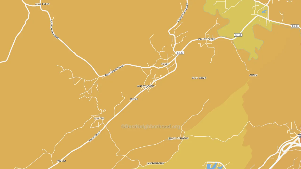 Map of the best neighborhoods in the North Johns area, with better matches in green and worse matches in red
