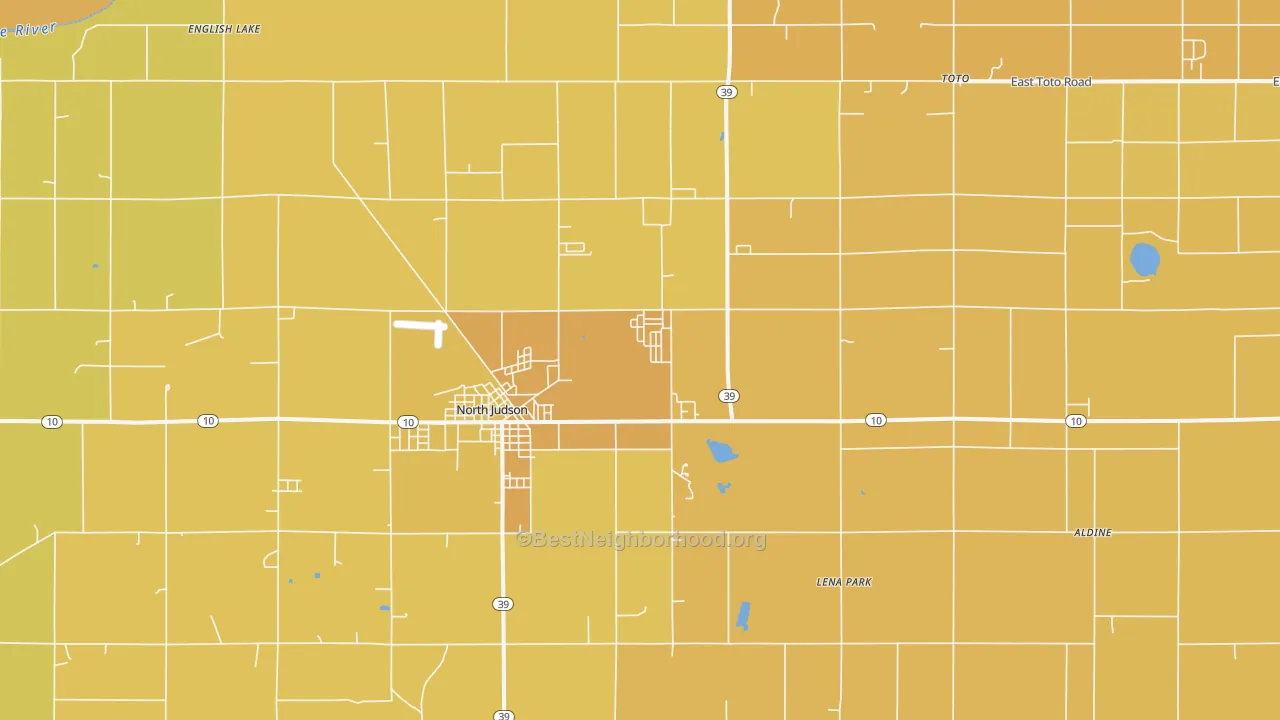 Map of the best neighborhoods in the North Judson area, with better matches in green and worse matches in red