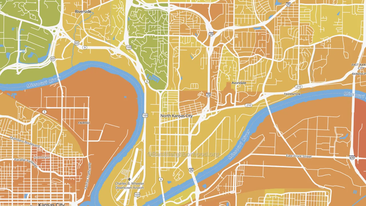 Map of the best neighborhoods in the North Kansas City area, with better matches in green and worse matches in red