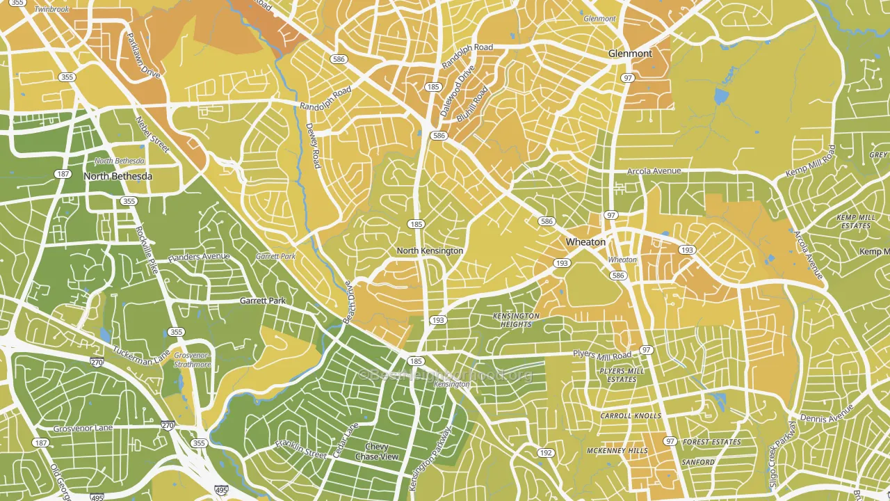 Map of the best neighborhoods in the North Kensington, Kensington area, with better matches in green and worse matches in red