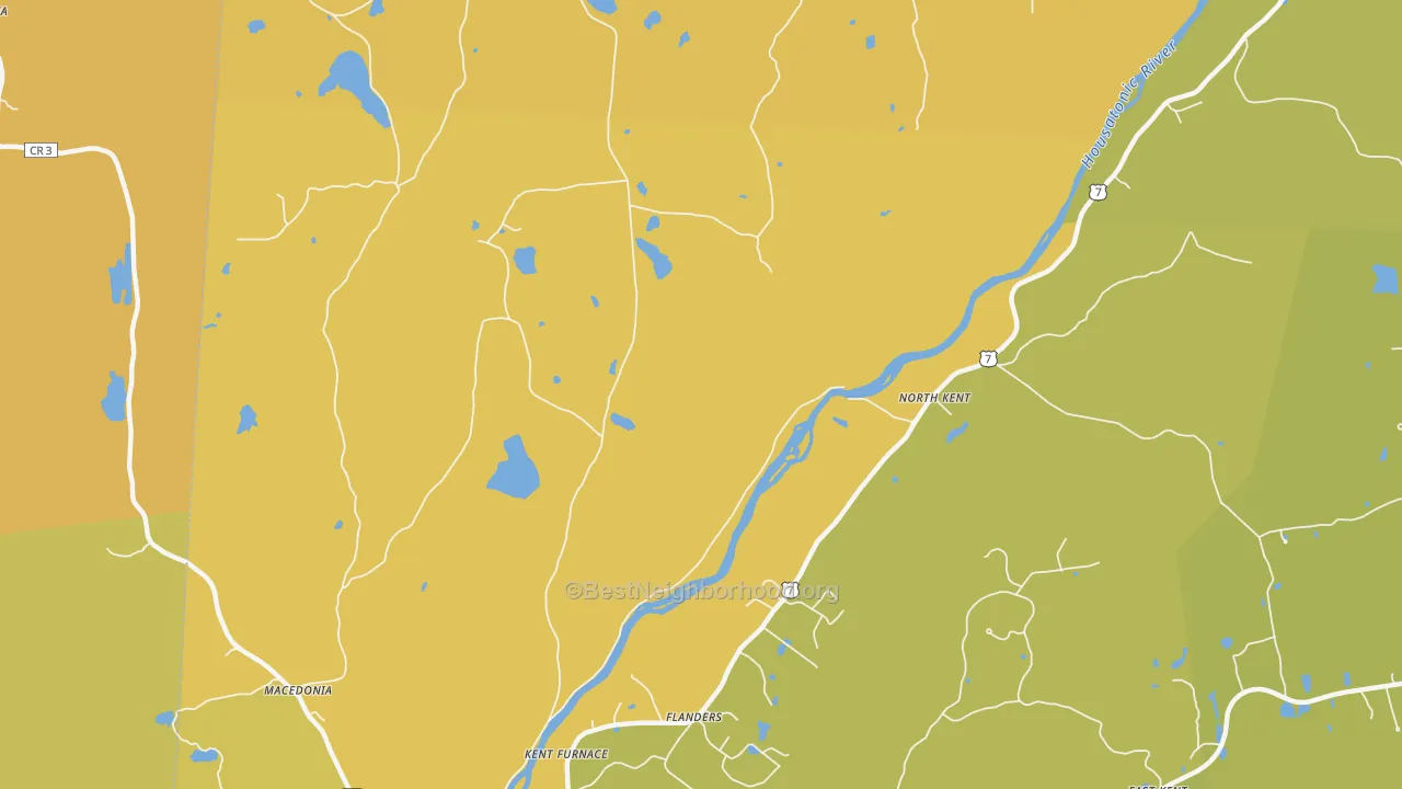 Map of the best neighborhoods in the North Kent area, with better matches in green and worse matches in red