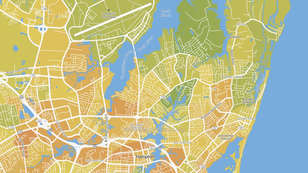 Map of the best neighborhoods in the North King St, Hampton area, with better matches in green and worse matches in red