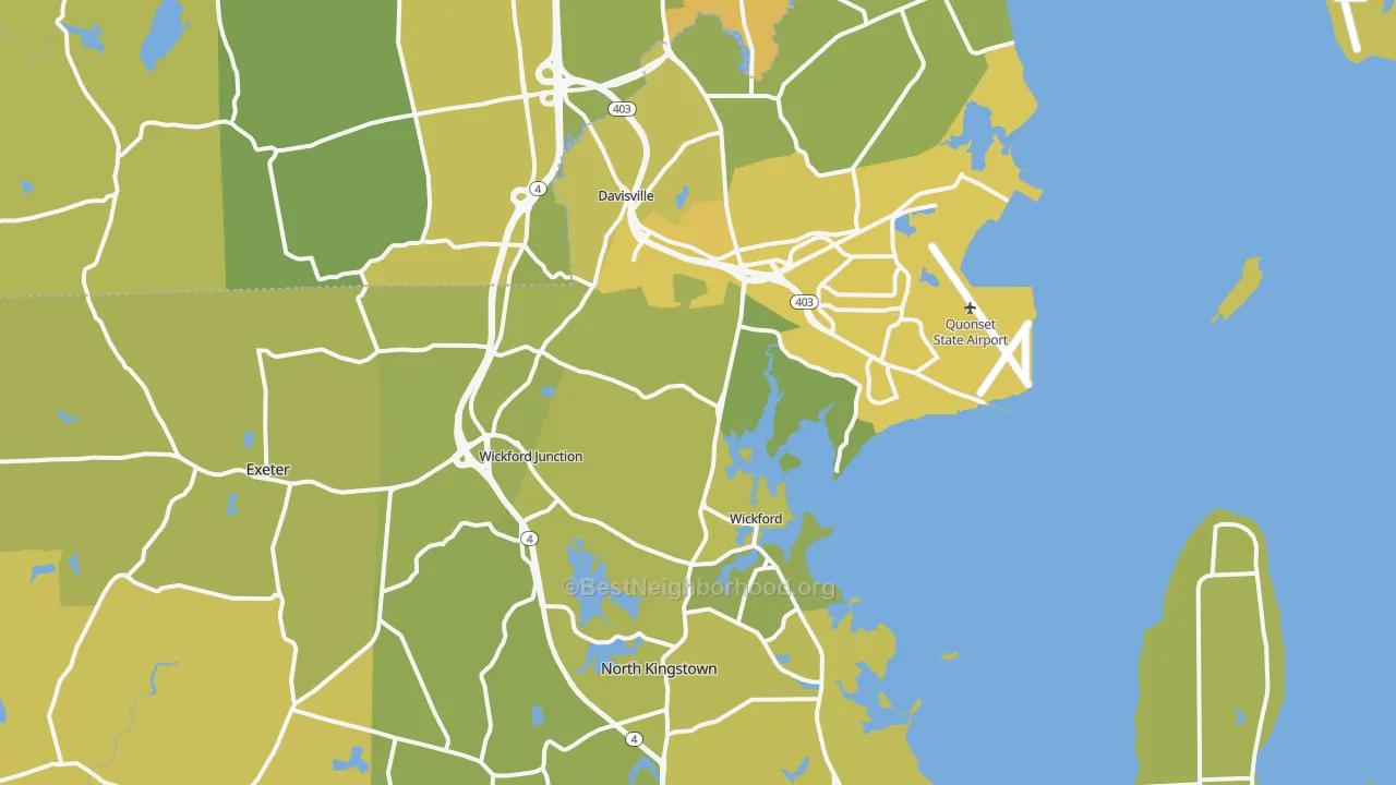 Map of the best neighborhoods in the North Kingstown area, with better matches in green and worse matches in red