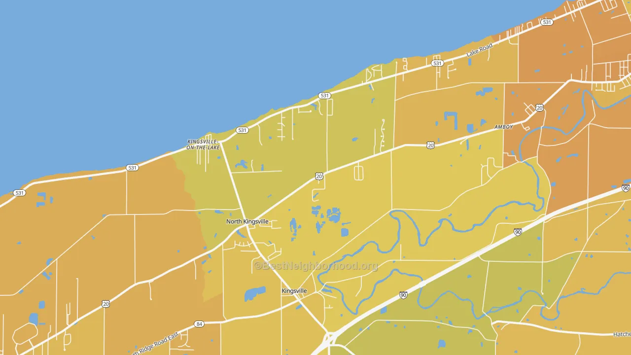 Map of the best neighborhoods in the North Kingsville area, with better matches in green and worse matches in red