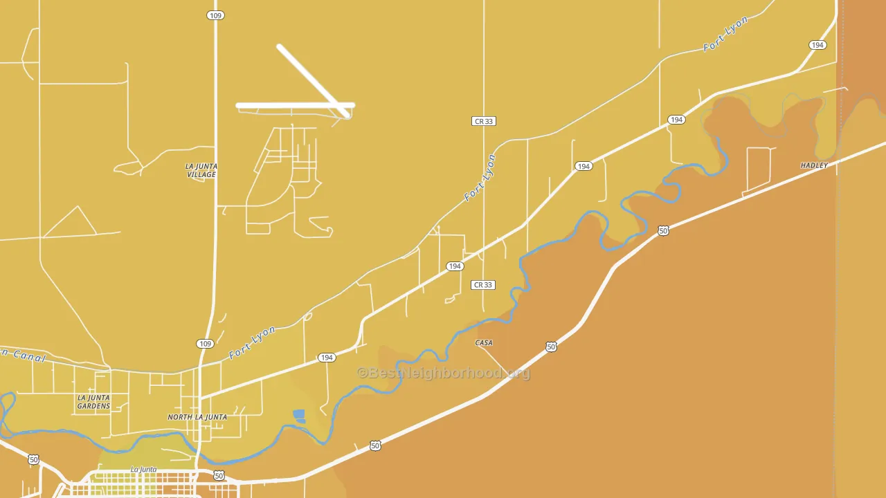 Map of the best neighborhoods in the North La Junta area, with better matches in green and worse matches in red