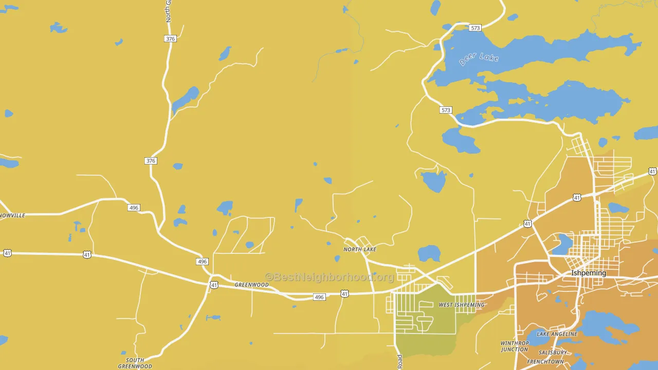 Map of the best neighborhoods in the North Lake area, with better matches in green and worse matches in red