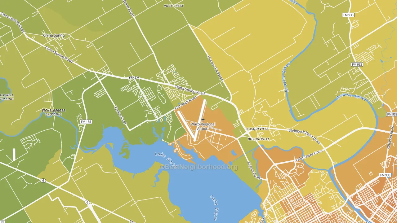 Map of the best neighborhoods in the North Lake Waco, Waco area, with better matches in green and worse matches in red
