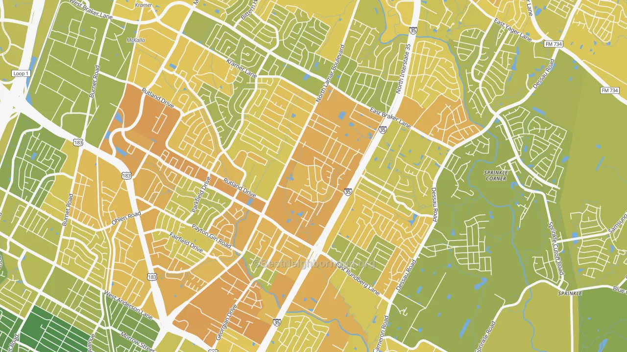 Map of the best neighborhoods in the North Lamar, Austin area, with better matches in green and worse matches in red