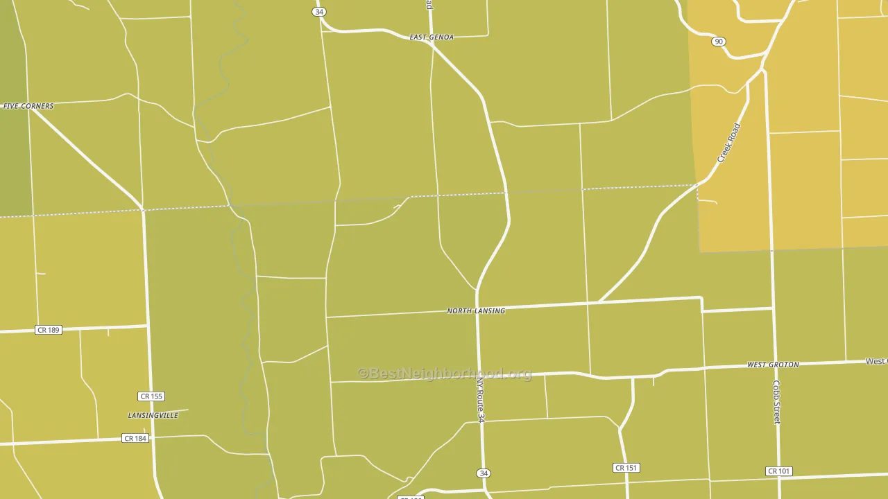 Map of the best neighborhoods in the North Lansing area, with better matches in green and worse matches in red