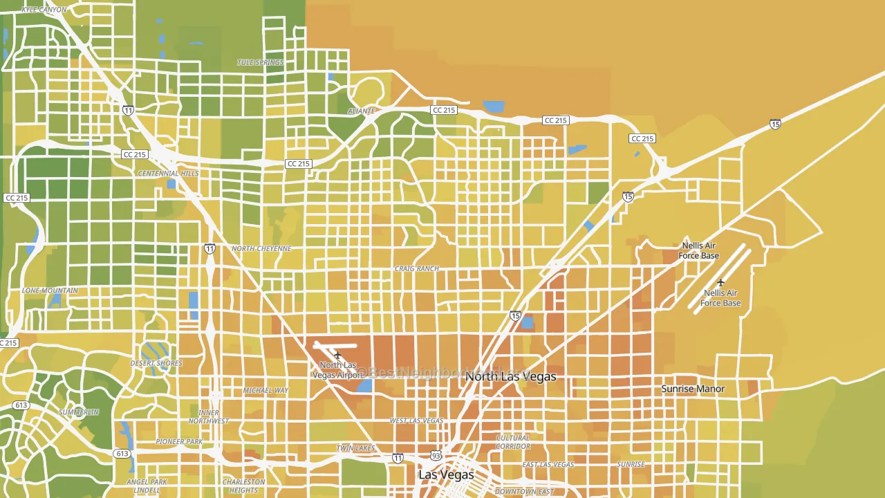 Map of the best neighborhoods in the North Las Vegas area, with better matches in green and worse matches in red