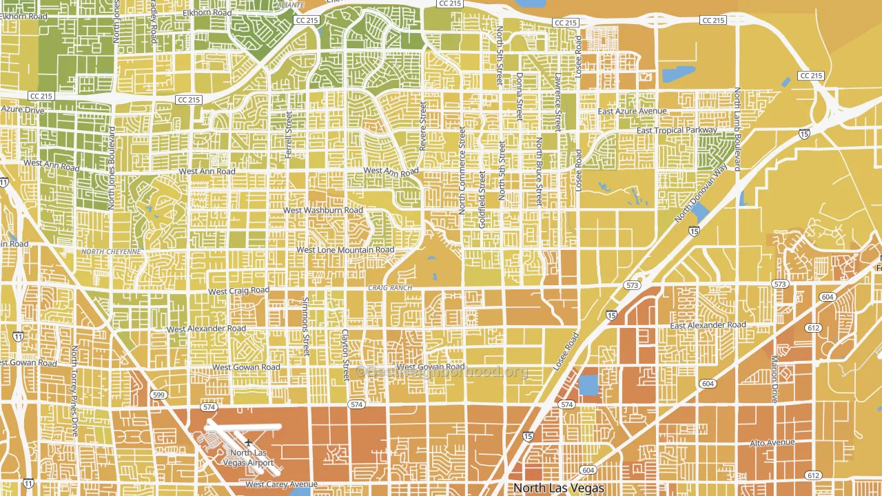Map of the best neighborhoods in the North Last Vegas, North Las Vegas area, with better matches in green and worse matches in red