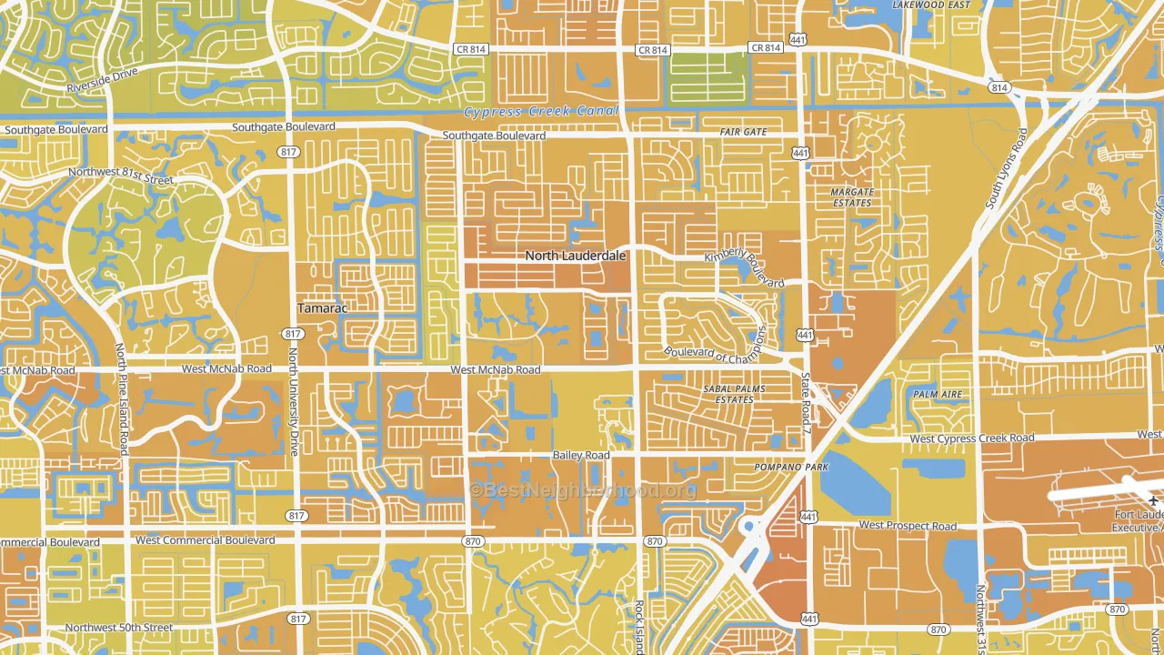 Map of the best neighborhoods in the North Lauderdale Estates, North Lauderdale area, with better matches in green and worse matches in red
