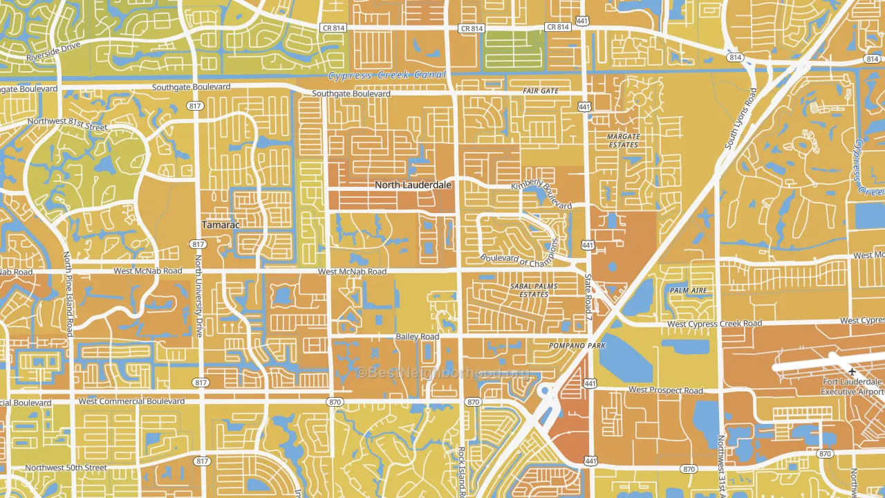 Map of the best neighborhoods in the North Lauderdale area, with better matches in green and worse matches in red