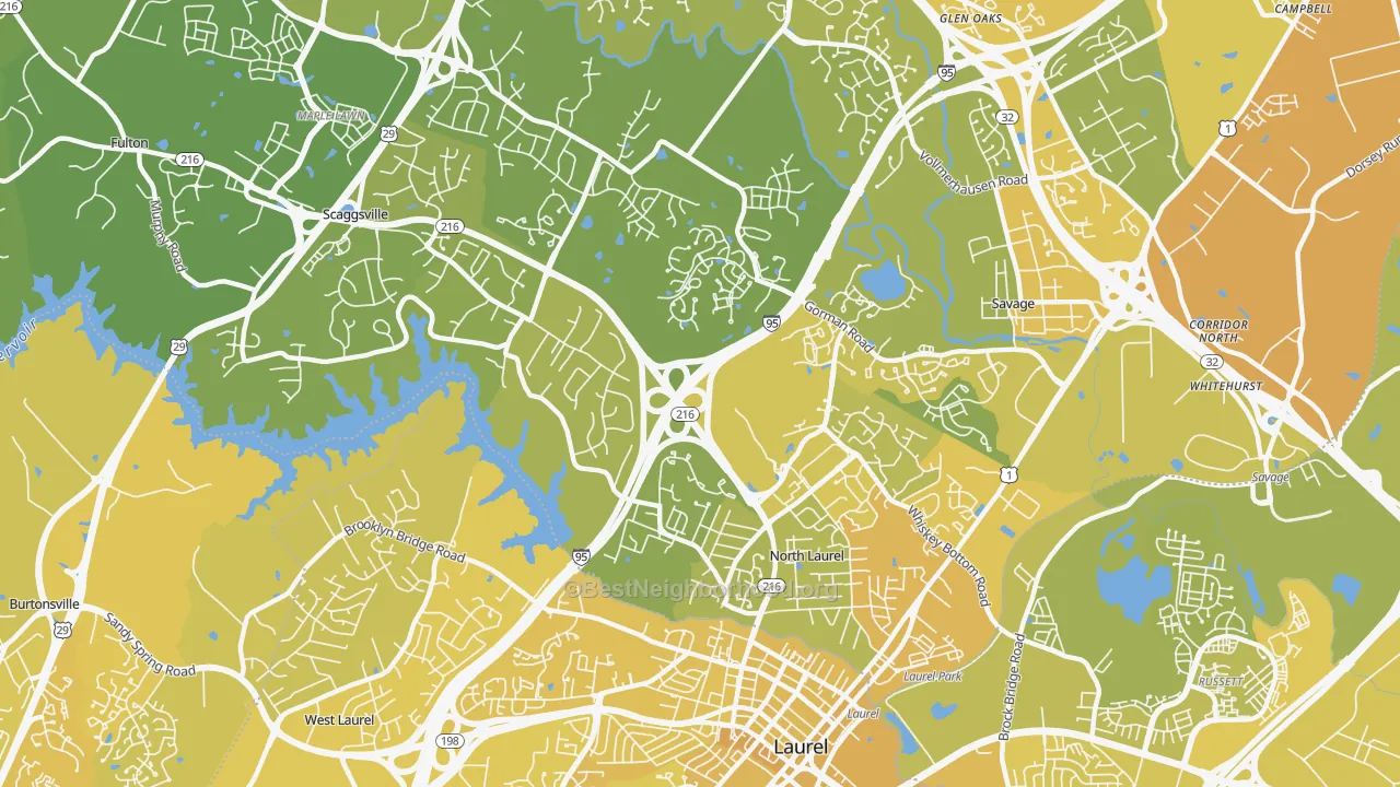 Map of the best neighborhoods in the North Laurel, Scaggsville area, with better matches in green and worse matches in red