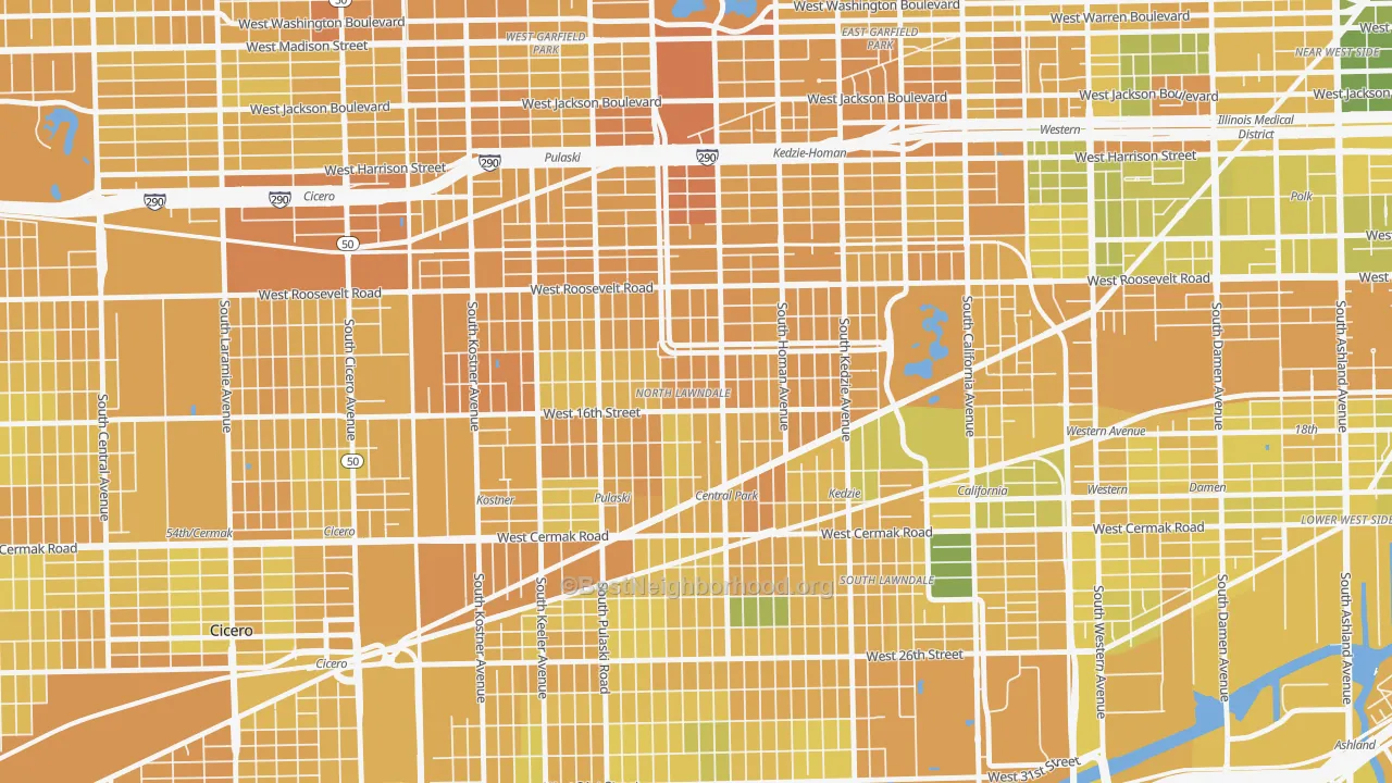 Map of the best neighborhoods in the North Lawndale, Chicago area, with better matches in green and worse matches in red