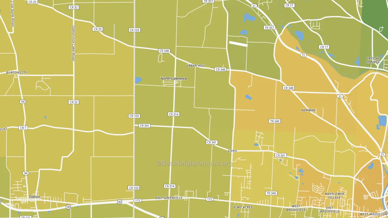Map of the best neighborhoods in the North Lawrence area, with better matches in green and worse matches in red