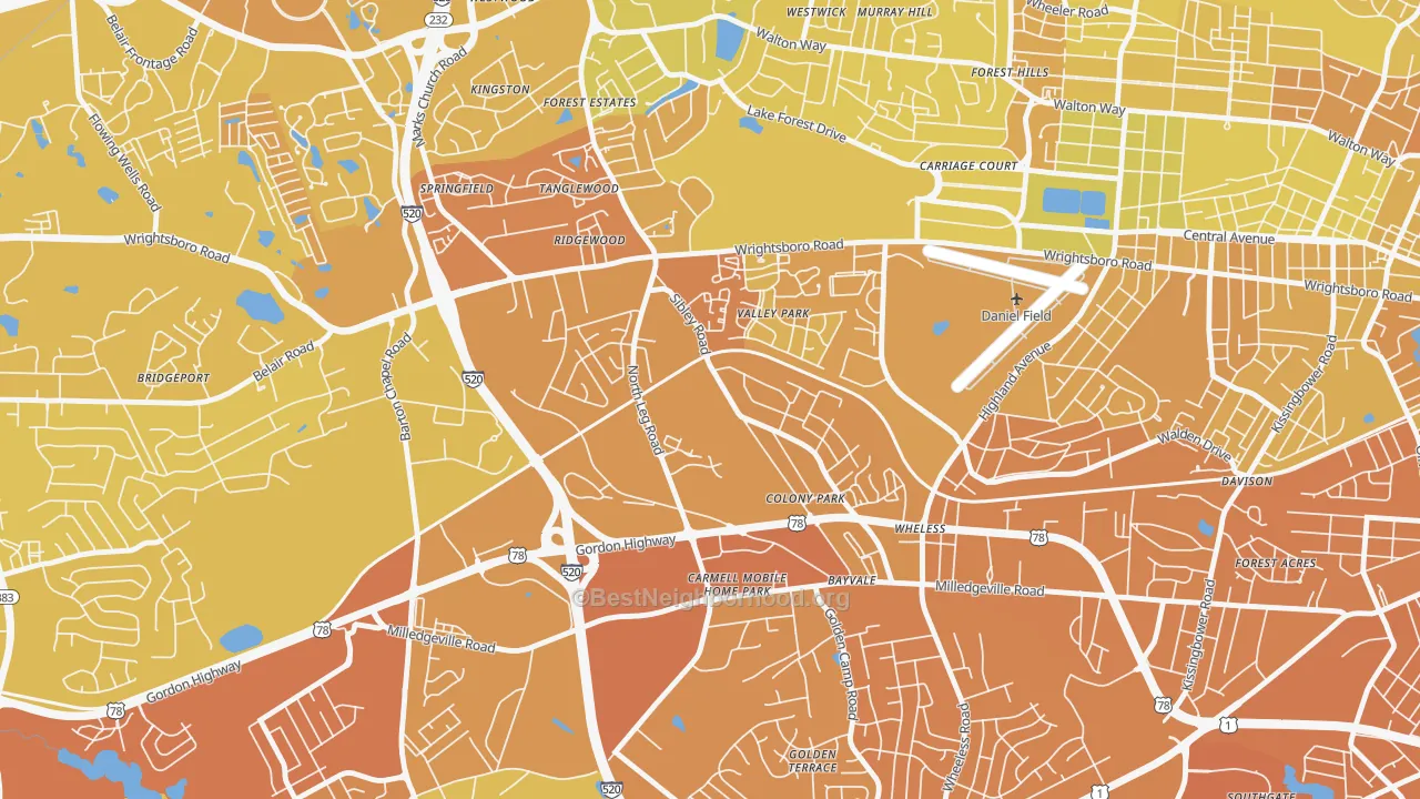 Map of the best neighborhoods in the North Leg, Augusta area, with better matches in green and worse matches in red