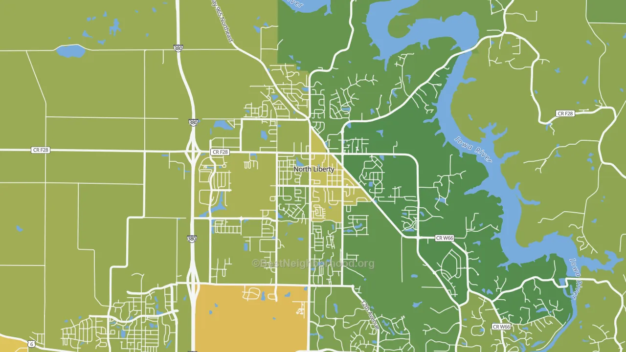 Map of the best neighborhoods in the North Liberty area, with better matches in green and worse matches in red