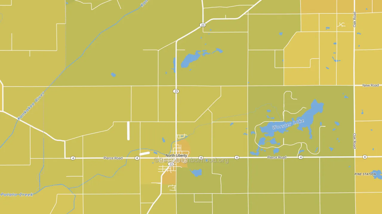 Map of the best neighborhoods in the North Liberty area, with better matches in green and worse matches in red