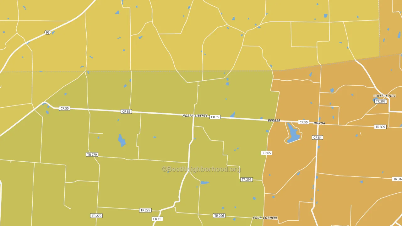 Map of the best neighborhoods in the North Liberty area, with better matches in green and worse matches in red