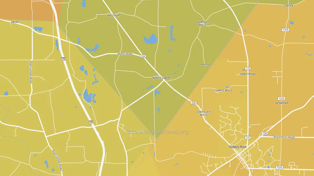 Map of the best neighborhoods in the North Liberty area, with better matches in green and worse matches in red