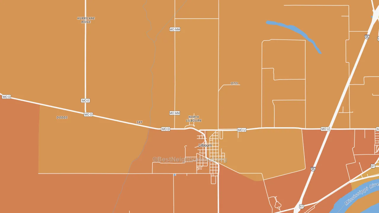 Map of the best neighborhoods in the North Lilbourn area, with better matches in green and worse matches in red