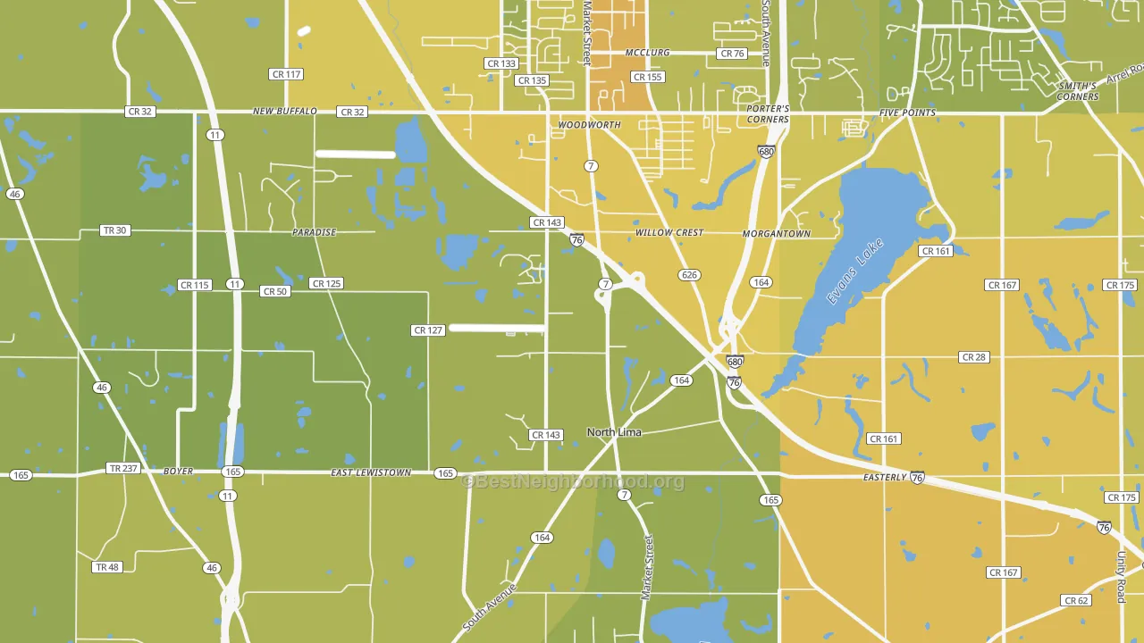 Map of the best neighborhoods in the North Lima area, with better matches in green and worse matches in red