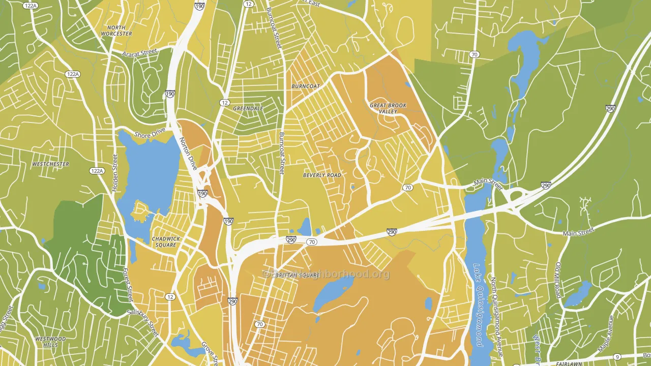 Map of the best neighborhoods in the North Lincoln Street, Worcester area, with better matches in green and worse matches in red