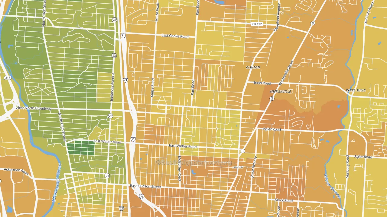 Map of the best neighborhoods in the North Linden, Columbus area, with better matches in green and worse matches in red