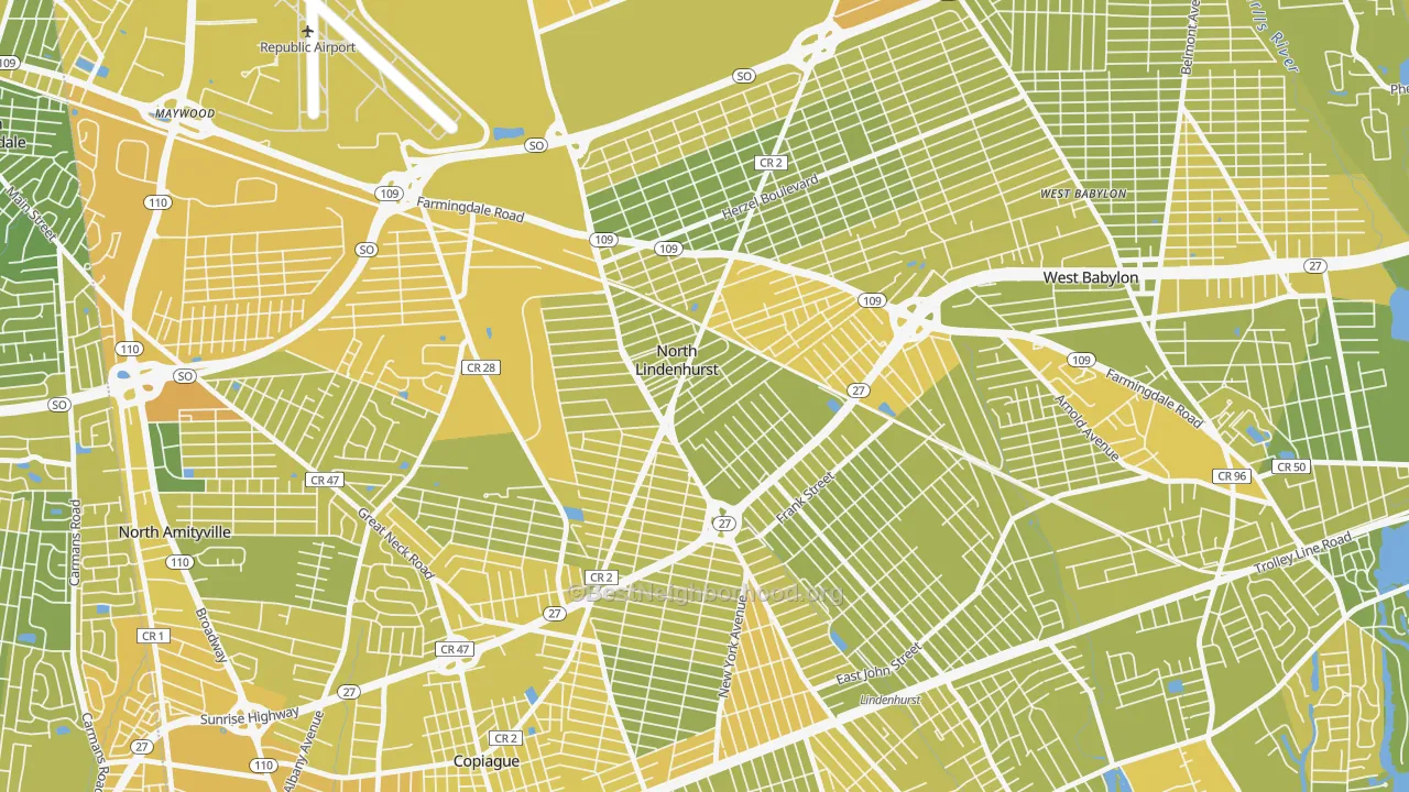 Map of the best neighborhoods in the North Lindenhurst area, with better matches in green and worse matches in red