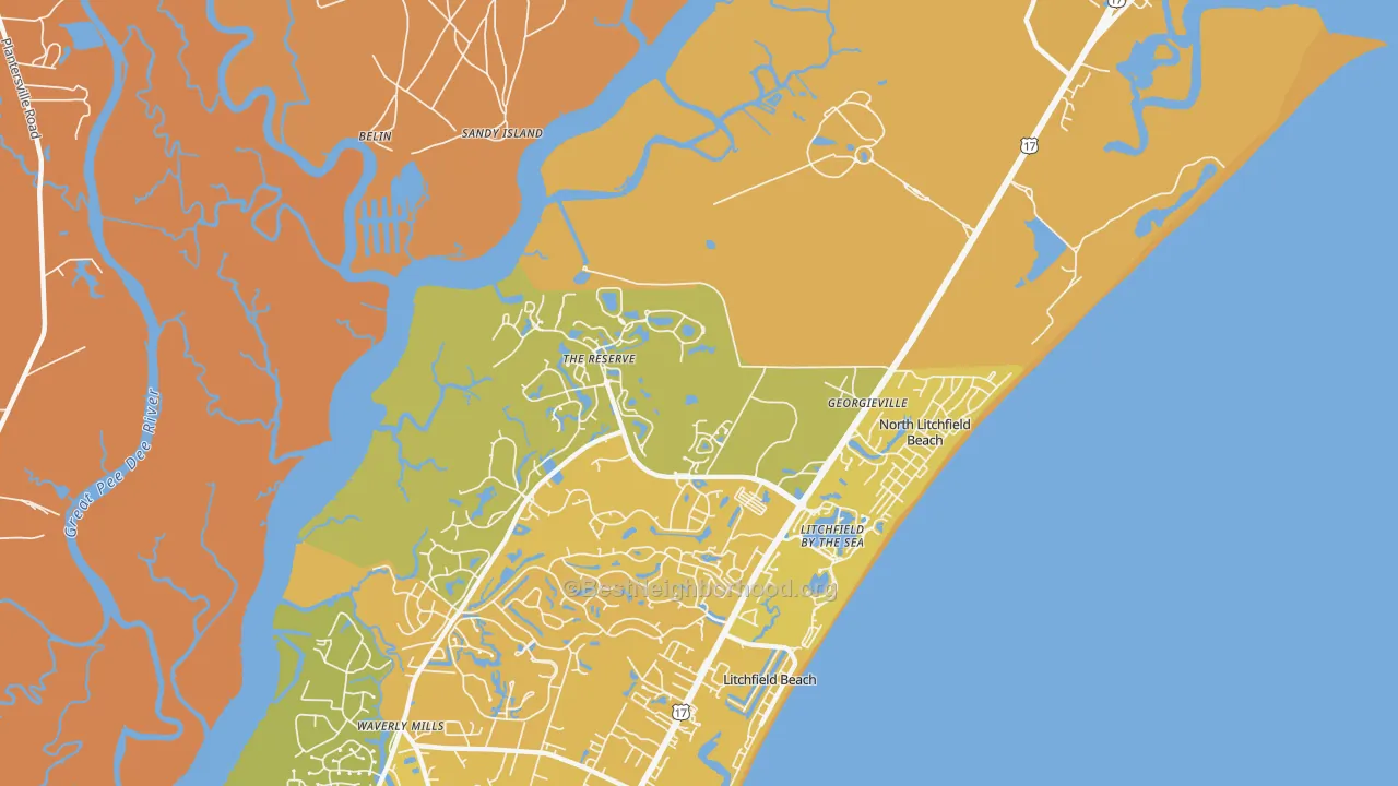 Map of the best neighborhoods in the North Litchfield Beach area, with better matches in green and worse matches in red