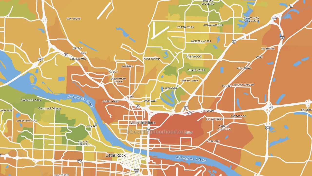 Map of the best neighborhoods in the North Little Rock area, with better matches in green and worse matches in red