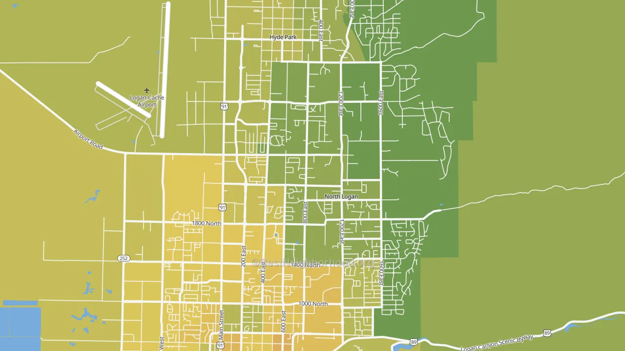 Map of the best neighborhoods in the North Logan area, with better matches in green and worse matches in red