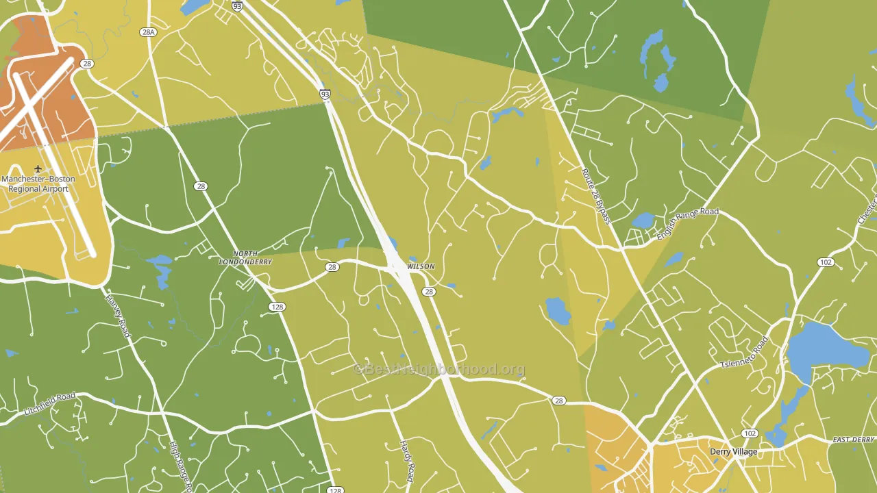 Map of the best neighborhoods in the North Londonderry area, with better matches in green and worse matches in red