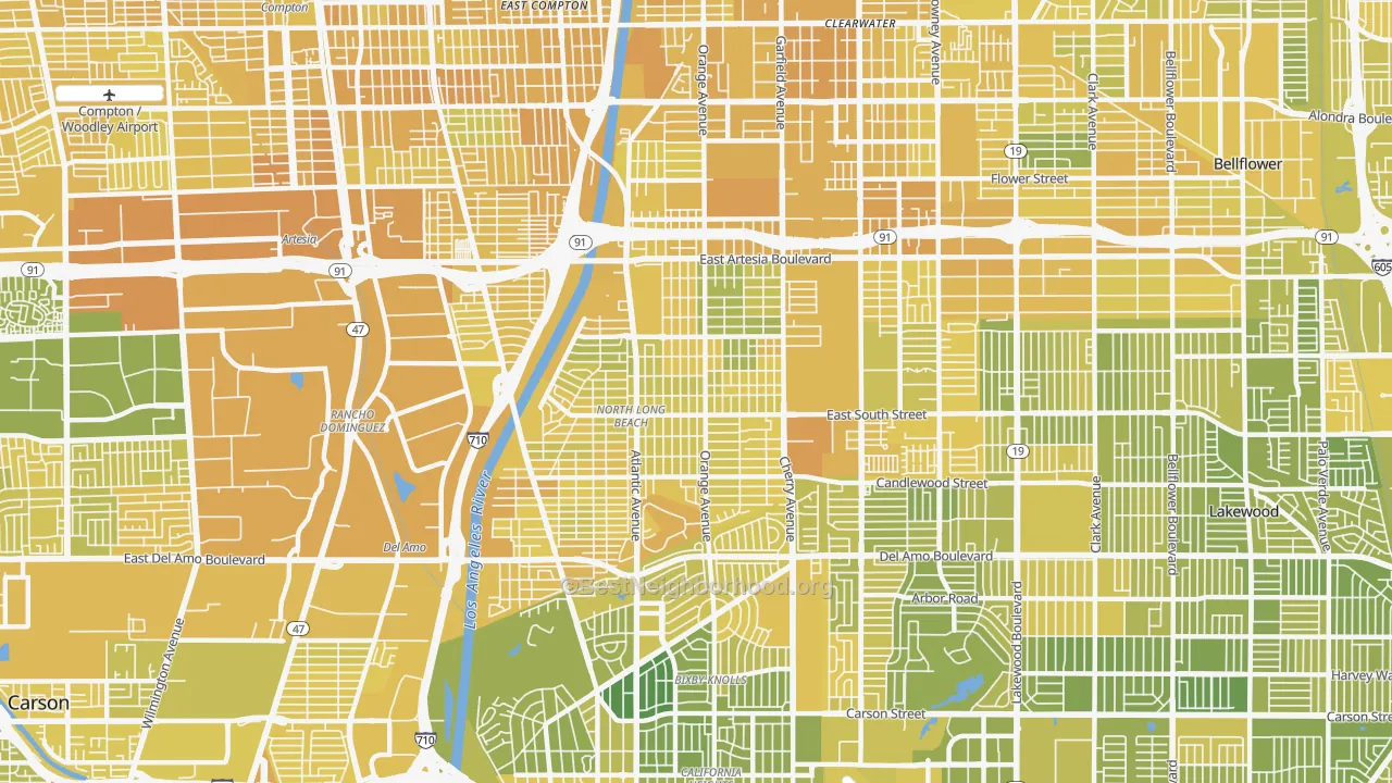 Map of the best neighborhoods in the North Long Beach, Long Beach area, with better matches in green and worse matches in red