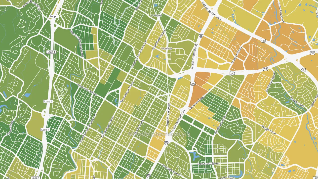 Map of the best neighborhoods in the North Loop, Austin area, with better matches in green and worse matches in red