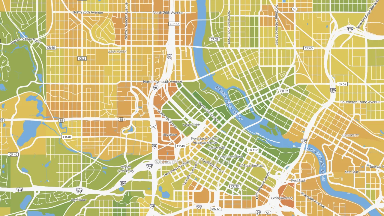 Map of the best neighborhoods in the North Loop, Minneapolis area, with better matches in green and worse matches in red
